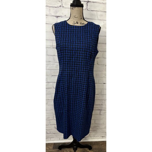 Calvin Klein Size 12 Blue Black‎ Jacquard Fitted Dress Stretchy Career Work - Picture 1 of 10